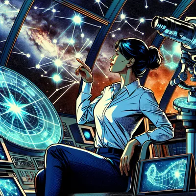 Elena Voss reviewing a holographic trajectory plot for a spacecraft's transfer orbit.