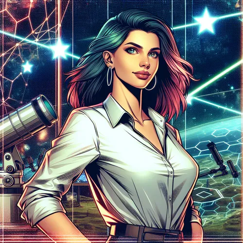 Elena Voss, an aerospace propulsion engineer, stands confidently in front of a telescope with a starfield and orbital schematics glowing behind her.
