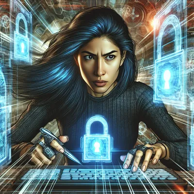 Mei Tanaka working at a futuristic console surrounded by glowing neural-network visualizations.