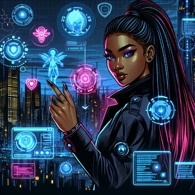 Mei Tanaka in a neon-lit city environment with holographic data overlays.