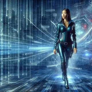 Mei Tanaka, an AI engineer, walking through a glowing data-stream environment full of binary code and holographic displays.