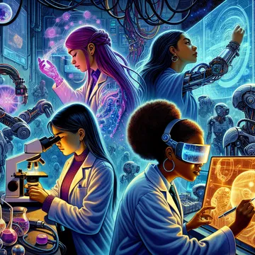A group of women scientists and engineers working together in a high-tech lab, surrounded by holographic data, robotics, and lab equipment.