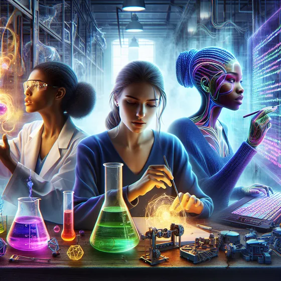 Three women scientists and engineers at work with lab equipment, holographic displays, and robotics.