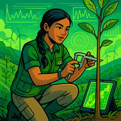Priya Lemos on a reforested hillside holding a tablet with a glowing NDVI satellite map, measuring a young tree's trunk with calipers.