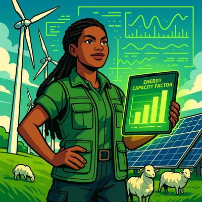 Priya Lemos standing among wind turbines and solar panels with grazing sheep, a holographic capacity-factor chart overlaid.