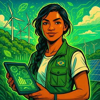 Priya Lemos, an environmental scientist in a field vest, holding a tablet with data charts, with wind turbines and solar panels on a reforested hillside behind her.