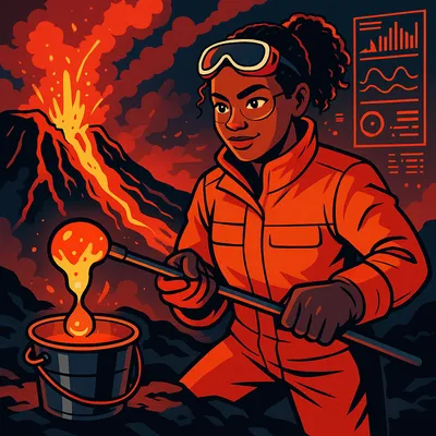 Talia Okafor in heat-resistant gear collecting a glowing sample of lava with a long sample pole near an active vent.