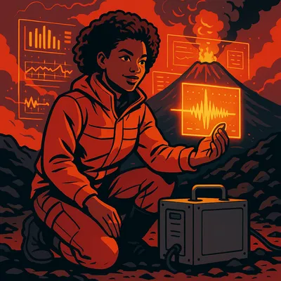 Talia Okafor checking a seismometer on rocky volcanic terrain, a holographic seismic waveform display glowing beside her.