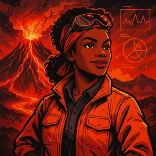 Talia Okafor, a volcanologist in a heat-resistant field jacket, standing in front of an erupting volcano with glowing lava and data-overlay graphics.