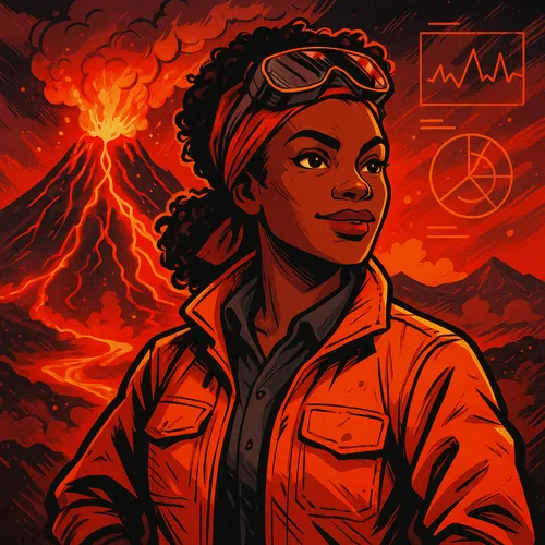 Talia Okafor, a volcanologist in a heat-resistant field jacket, standing in front of an erupting volcano with glowing lava and data-overlay graphics.