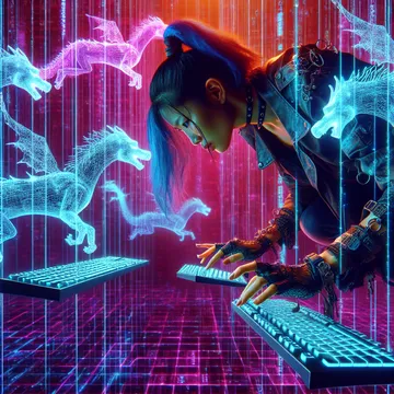 A cybersecurity engineer working at glowing keyboards, surrounded by holographic data-dragons.