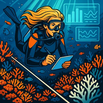 Noa Lindqvist scuba diving along a coral reef transect line, recording notes on a waterproof slate among fish and coral.