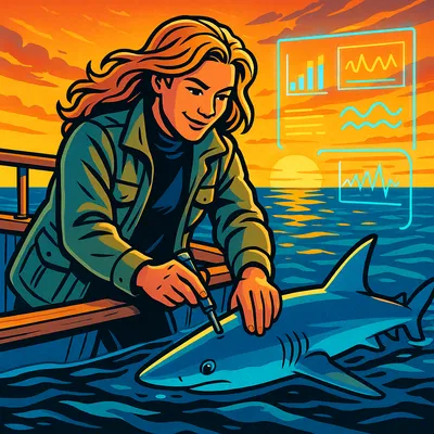 Noa Lindqvist on a research boat deck at sunset, tagging a juvenile reef shark with an acoustic tracker.