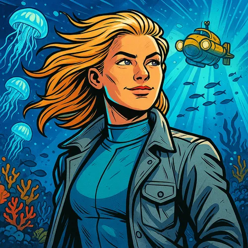 Noa Lindqvist, a marine biologist in a wetsuit and field jacket, with a coral reef, jellyfish, and a research submersible behind her.