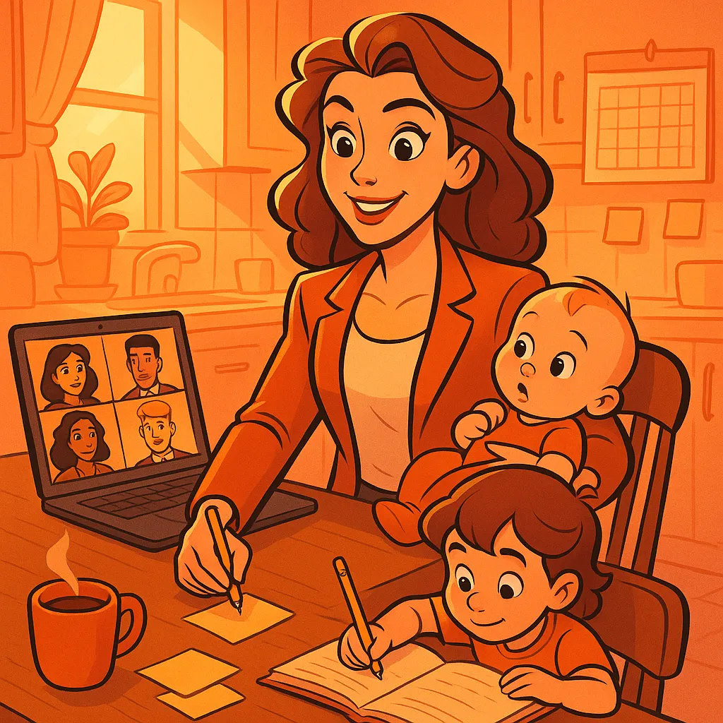 A woman in a blazer multitasks at her kitchen table — laptop open to a video call on one side, a baby on her knee and a child doing homework on the other.