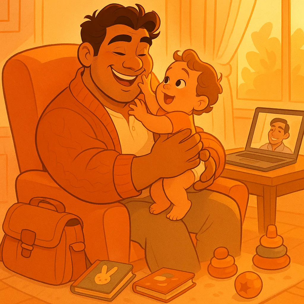 A father in a cardigan sits in an armchair, joyfully holding his laughing toddler, with a video call open on a laptop beside him.