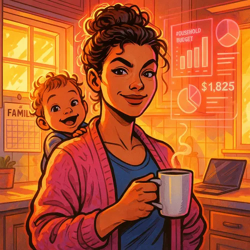 Daniela Brooks, a mother in a cardigan, holding a coffee mug with a toddler peeking over her shoulder, in a kitchen with household budget charts glowing on a laptop screen.