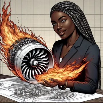 An aerospace engineer holding a model jet engine with flames streaming from it, blueprints spread on the table.