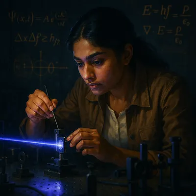 Kavya Desai adjusting a tiny mirror mount on an optical table in a dark laser lab, lit by violet-blue laser light.