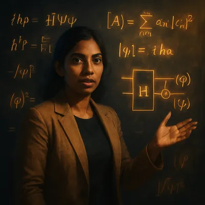 Kavya Desai standing at a glowing chalkboard wall covered in quantum equations and a qubit circuit diagram.