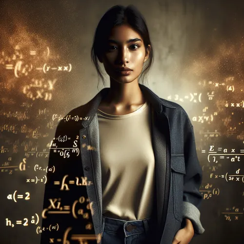 Kavya Desai, a physicist, standing in front of a chalkboard-style background covered in physics and calculus equations.