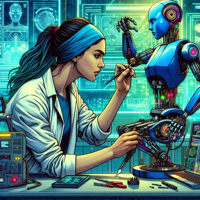 Jordan Reyes working on a robotic limb, surrounded by glowing diagnostic readouts.