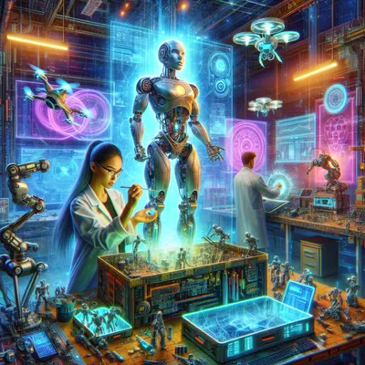 Jordan Reyes testing a walking robot in a lab full of holographic schematics.