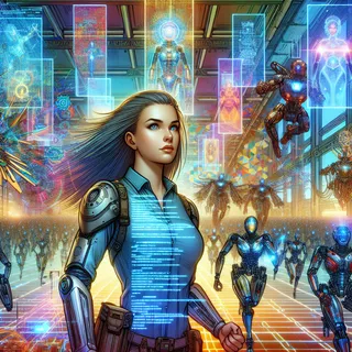 Jordan Reyes, a robotics engineer with a cybernetic arm, standing in a high-tech lab surrounded by holographic displays and robots.