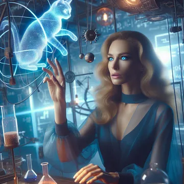 A scientist in a lab conjuring a holographic cat above bubbling flasks.