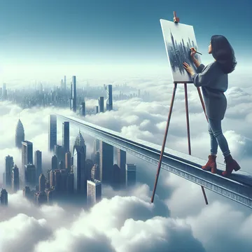 A painter standing on a ledge high above the clouds, sketching a city skyline.