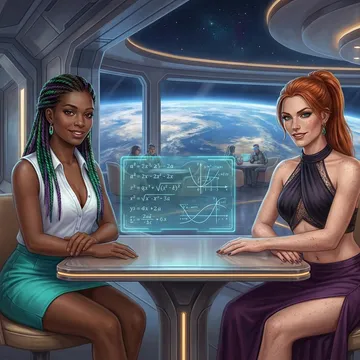 Two women aboard a space station, discussing orbital mechanics equations on a holographic display with Earth visible through the window.